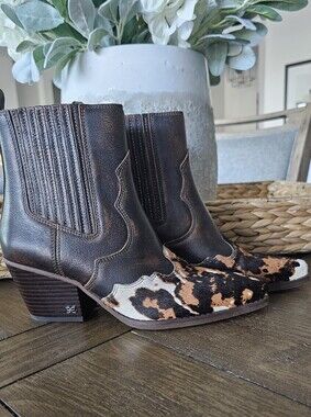 Sam Edelman Brown Black Cream Cowhide Western Ankle Boots Women's Sz 8.5